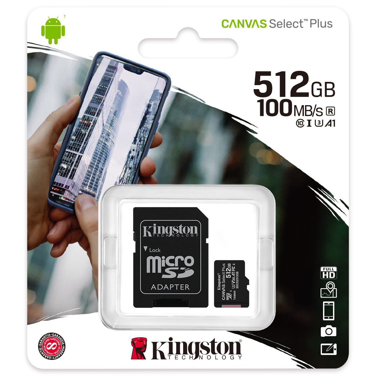 microSDXC hukommelseskort Kingston Canvas Select Plus Android A1, 512Gb, Klasse 10 / UHS-1 U3, med adapter SDCS2/512GB