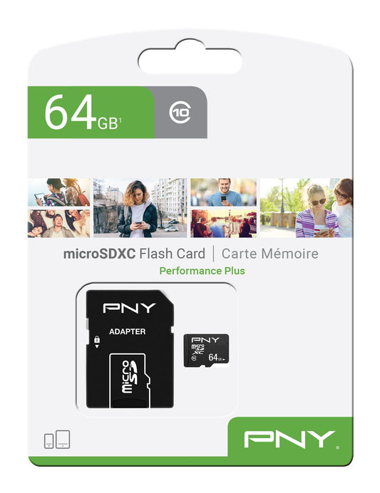 PNY Performance Plus microSDXC hukommelseskort, 64Gb, Klasse 10, Med Adapter P-SDU64G10PPL-GE