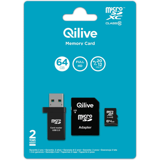 Qilive microSDXC hukommelseskort, 64Gb, Klasse 10, med kortlæser og adapter EKMSDM64GXC10QL