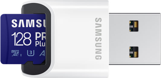 Samsung PRO Plus microSDXC-hukommelseskort, 128GB, Klasse 10 / UHS-1 U3, med kortlæser og adapter MB-MD128KB/WW