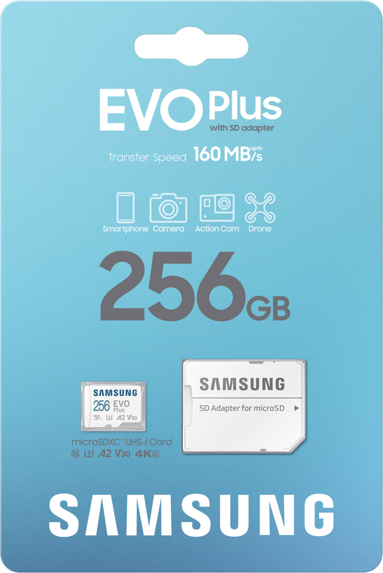Samsung Evo Plus microSDXC hukommelseskort, 256Gb, Klasse 10 / UHS-1 U3, med adapter MB-MC256SA/EU