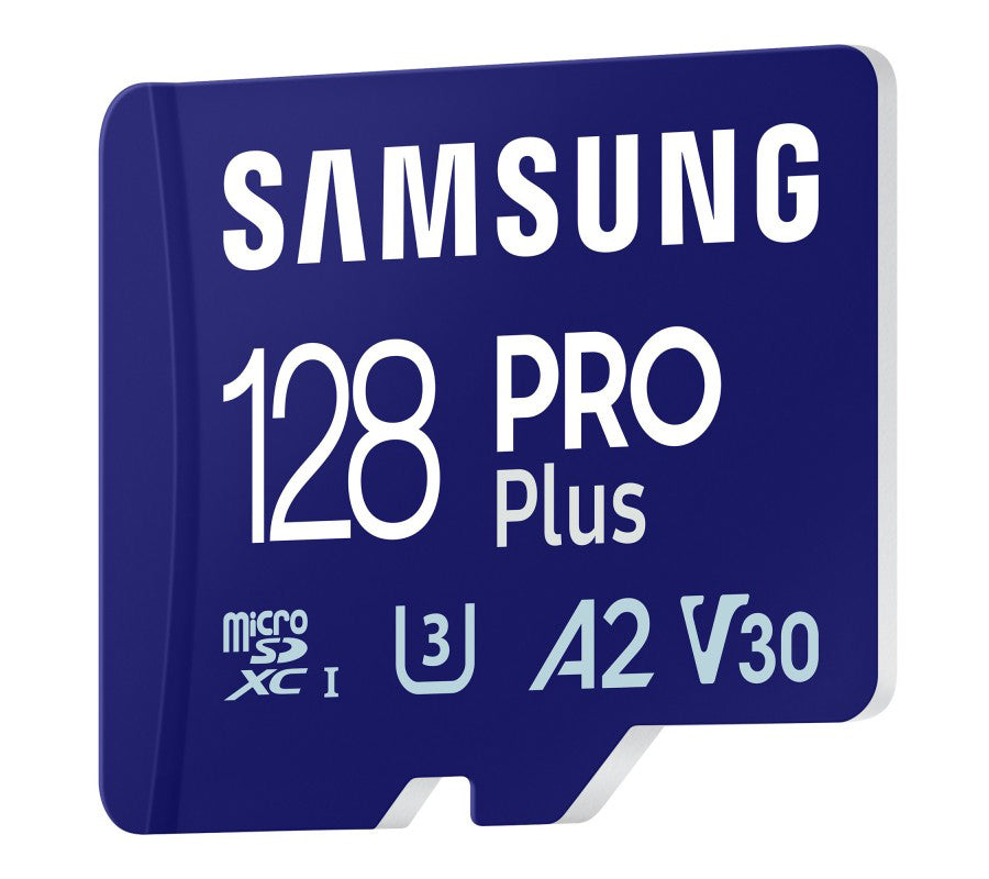 Samsung PRO Plus microSDXC hukommelseskort, 128GB, Klasse 10 / UHS-1 U3, med kortlæser MB-MD128SB/WW