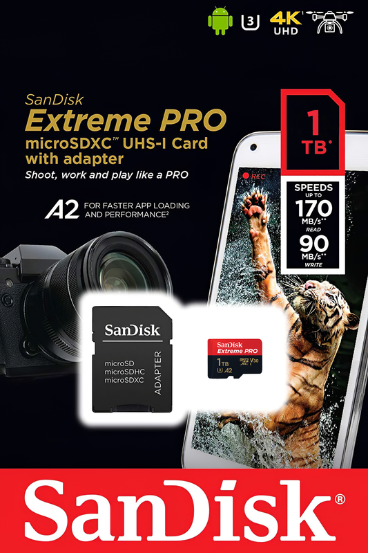 microSDXC SanDisk Extreme Pro hukommelseskort, 1TB, Klasse 10 / UHS-1 U3, med adapter SDSQXCD-1T00-GN6MA