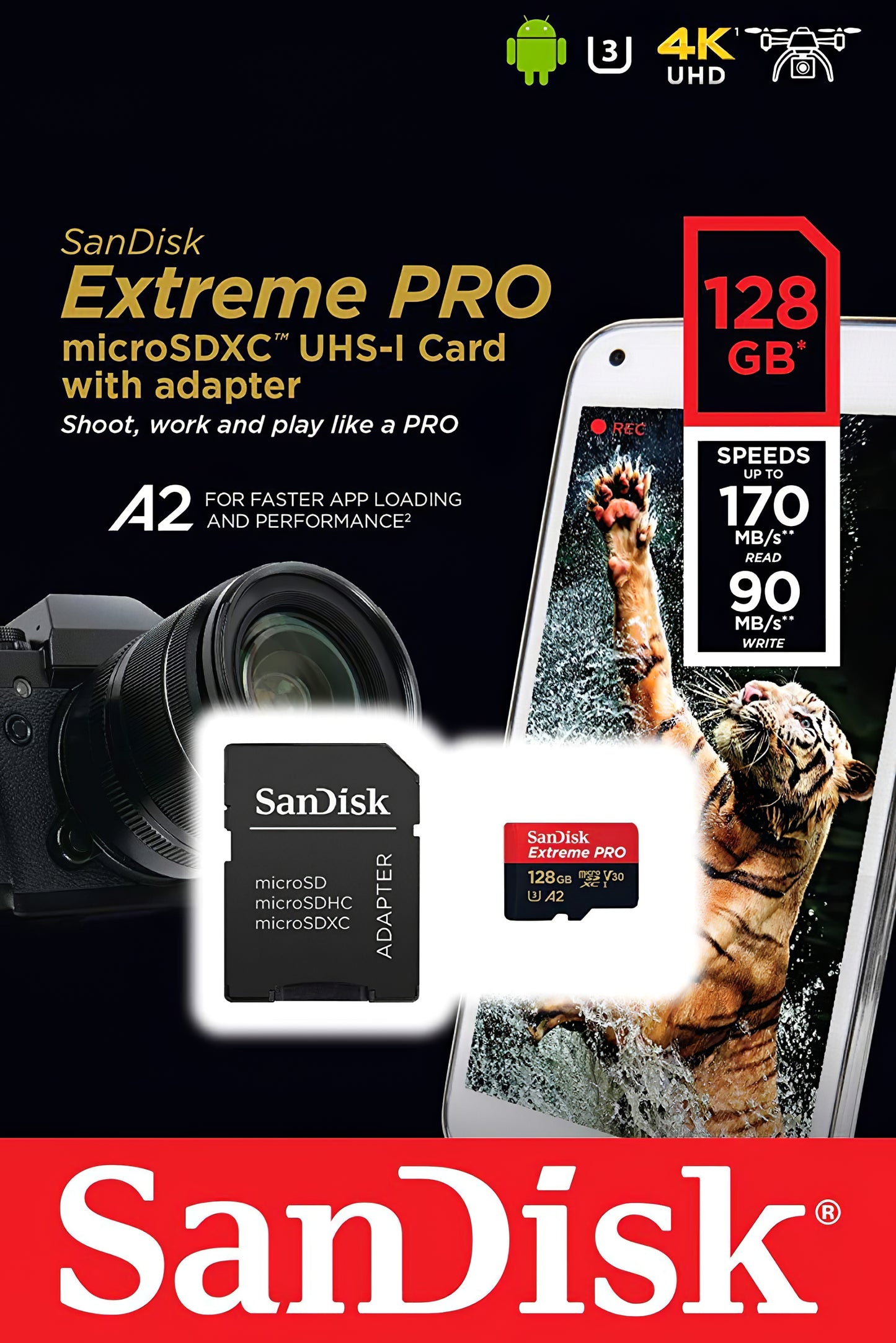 Hukommelseskort microSDXC SanDisk Extreme Pro, 128Gb, Klasse 10 / UHS-1 U3, Med Adapter SDSQXCD-128G-GN6MA