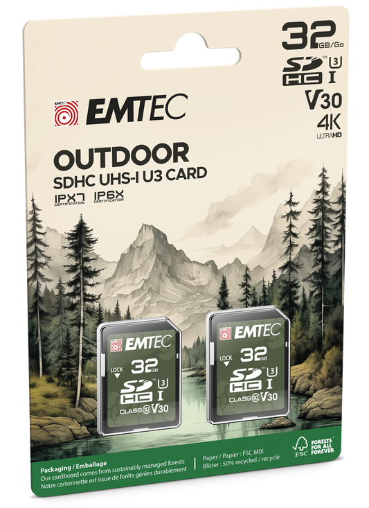 SDHC-hukommelseskort Emtec Rugged Outdoor, 32Gb, Klasse 10 / UHS-1 U3, Sæt med 2 stykker ECMSD32GHC10ORP2