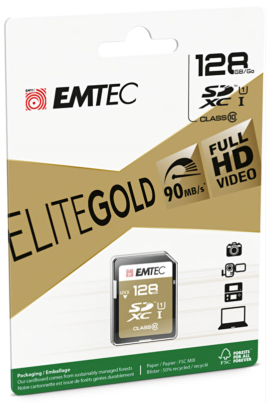 SDXC-hukommelseskort Emtec Elite Gold, 128GB, Klasse 10 / UHS-1 U1 ECMSD128GXC10GP