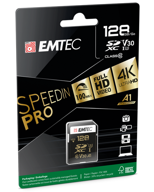 SDXC-hukommelseskort Emtec SpeedIn Pro, 128Gb, Klasse 10 / UHS-1 U3 ECMSD128GXC10SP