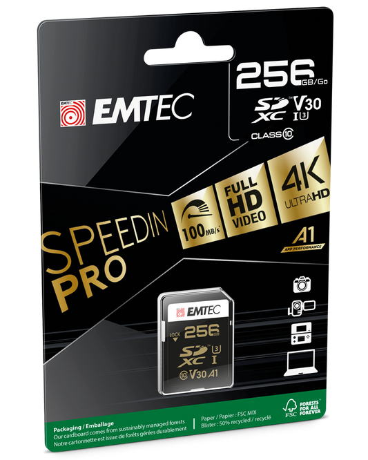 SDXC-hukommelseskort Emtec SpeedIn Pro, 256Gb, Klasse 10 / UHS-1 U3 ECMSD256GXC10SP