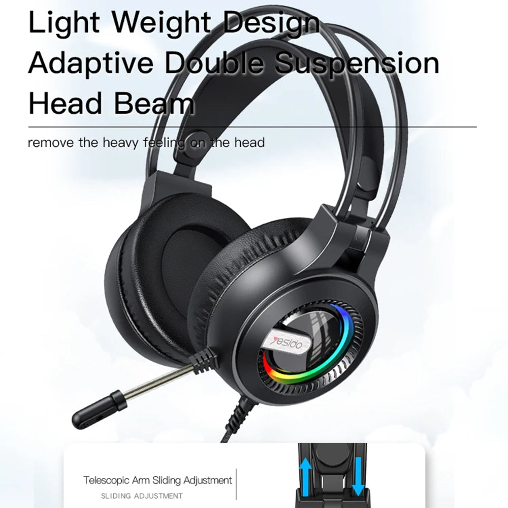 Gaming Headset 3.5mm Yesido EK02, RGB, 2.2m, Sort