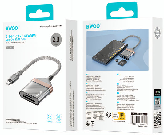 USB-C Kortlæser BWOO BZ64, SD - microSD, Grå