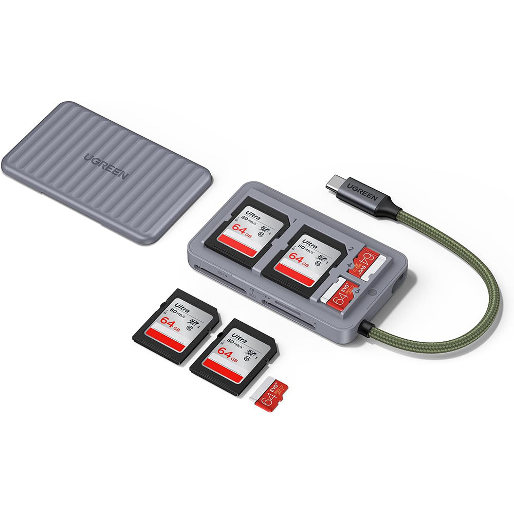USB-C-kortlæser med UGREEN 55886-organisator, 2 x SD - microSD, Grå