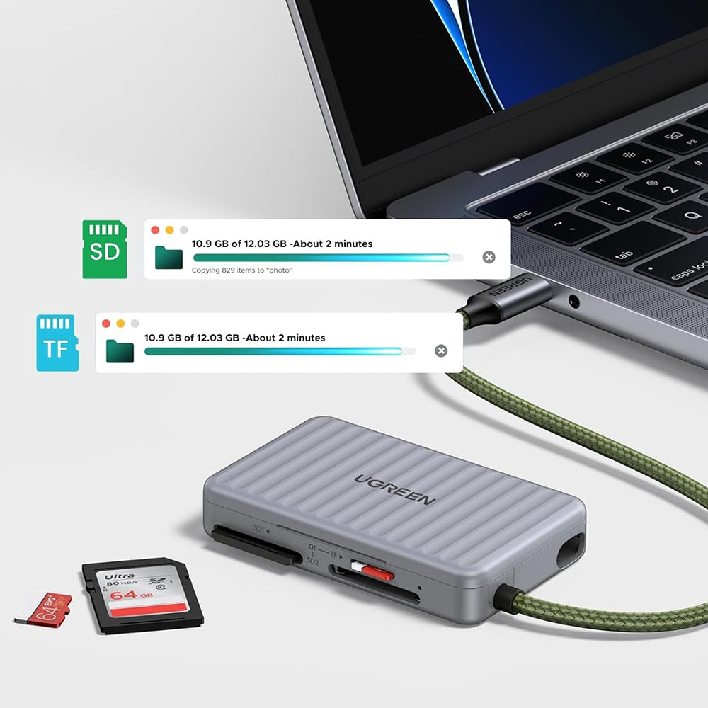 USB-C-kortlæser med UGREEN 55886-organisator, 2 x SD - microSD, Grå