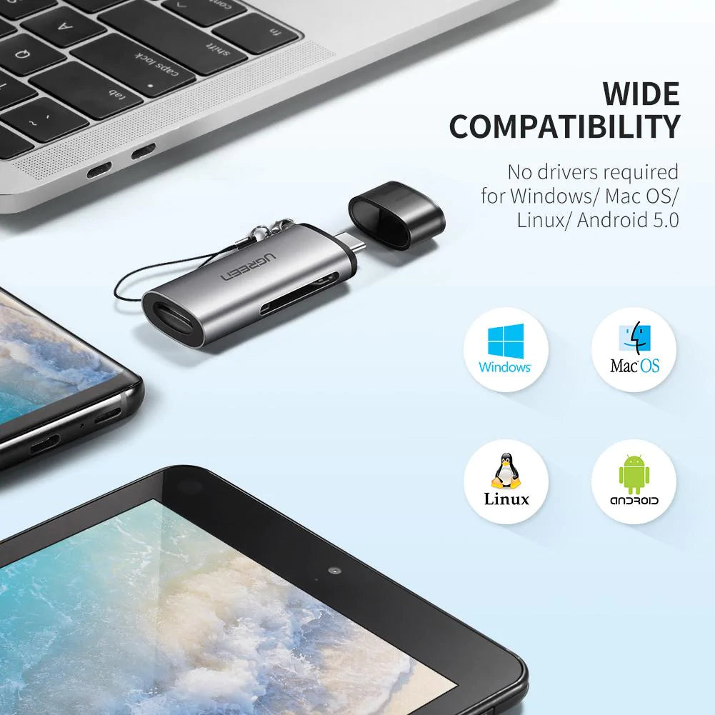 Kortlæser USB-C UGREEN CM184, SD - microSD, Grå