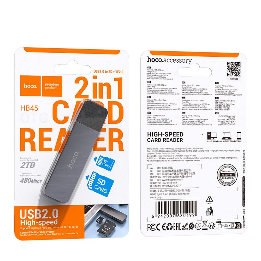 USB-kortlæser HOCO HB45, SD - microSD, Grå
