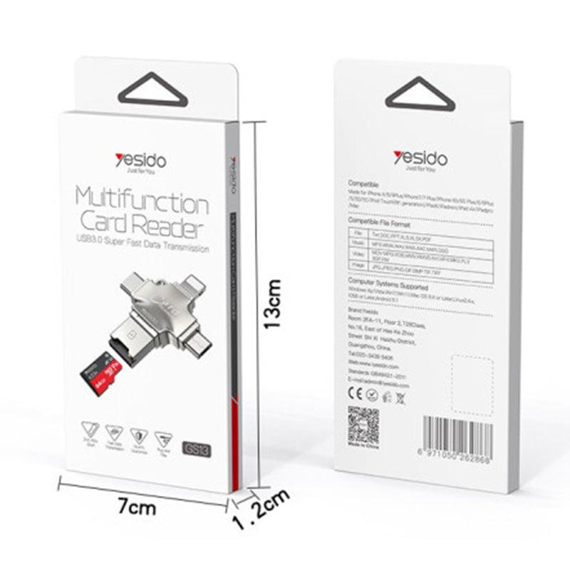 USB / USB-C / Lightning / microUSB-kortlæser Yesido GS13, microSD, Sølv