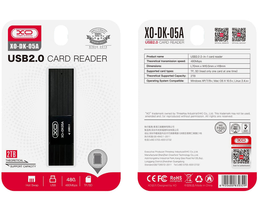 USB-kortlæser XO Design DK05A, SD - microSD, Sort