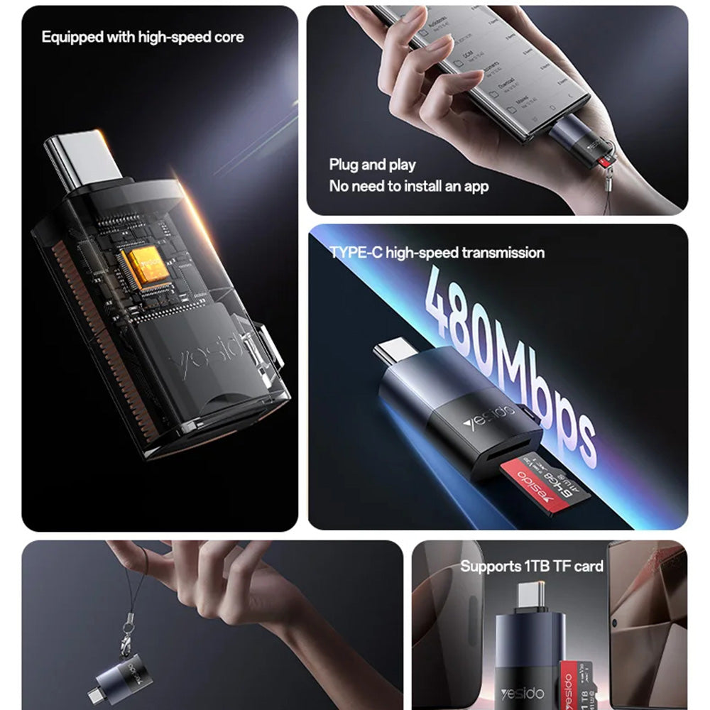 USB-C-kortlæser Yesido GS37, microSD, Sort