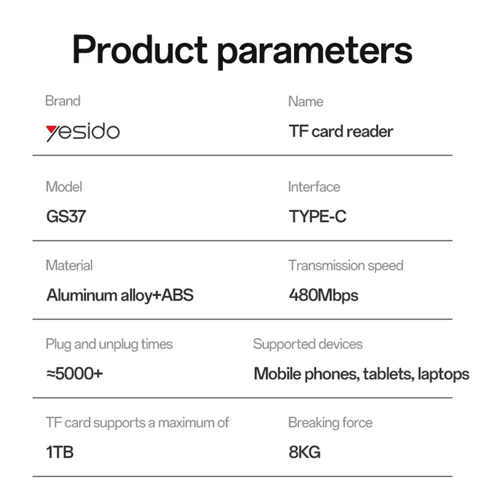 USB-C-kortlæser Yesido GS37, microSD, Sort