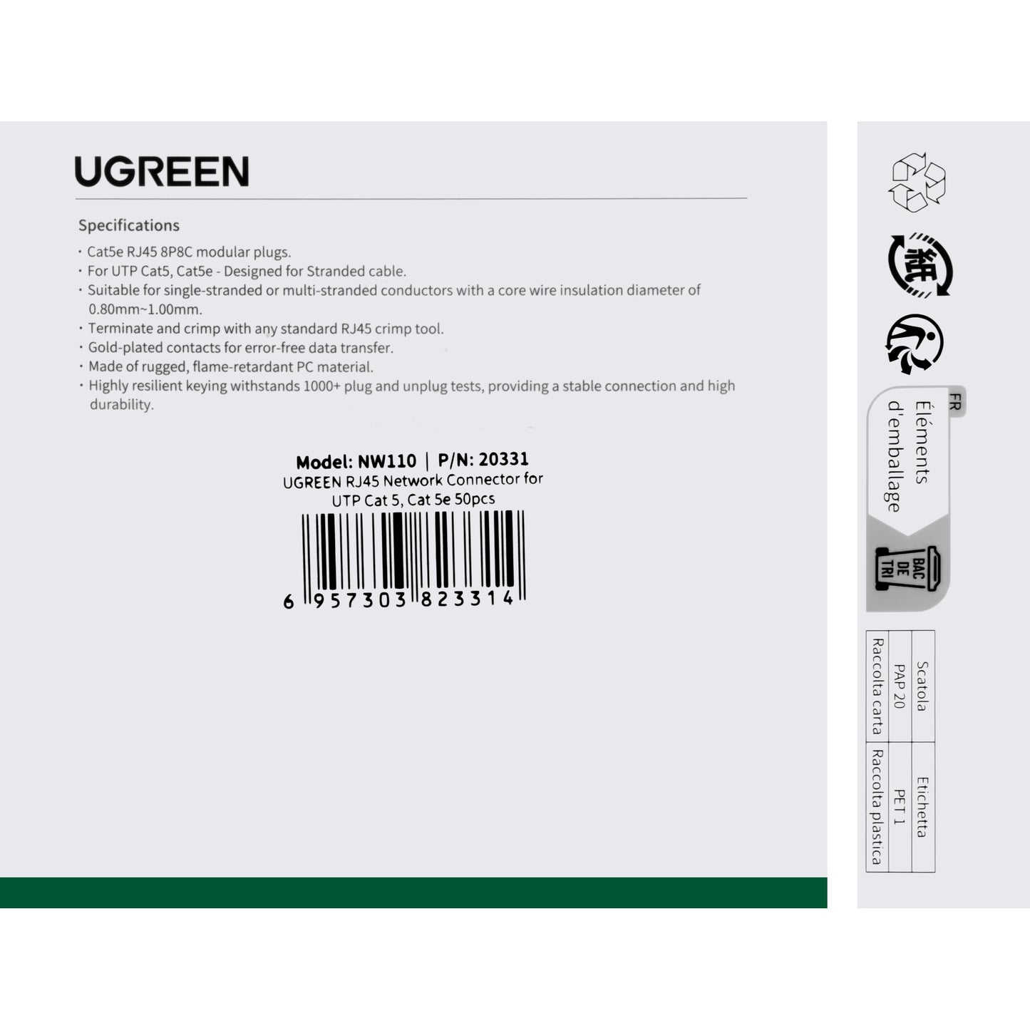 Netværksstik UGREEN NW110, RJ45, Cat5, sæt med 50 stk.