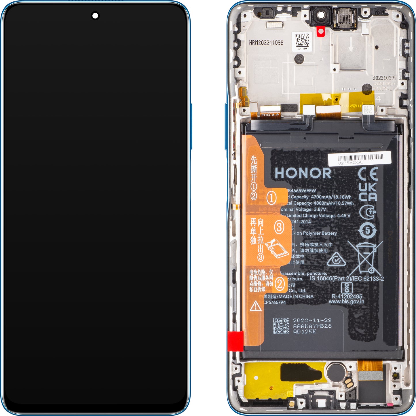 Touchscreen Display Touchscreen Honor Magic4 Lite, med ramme og batteri, blå (oceanblå), servicepakke 0235ABST