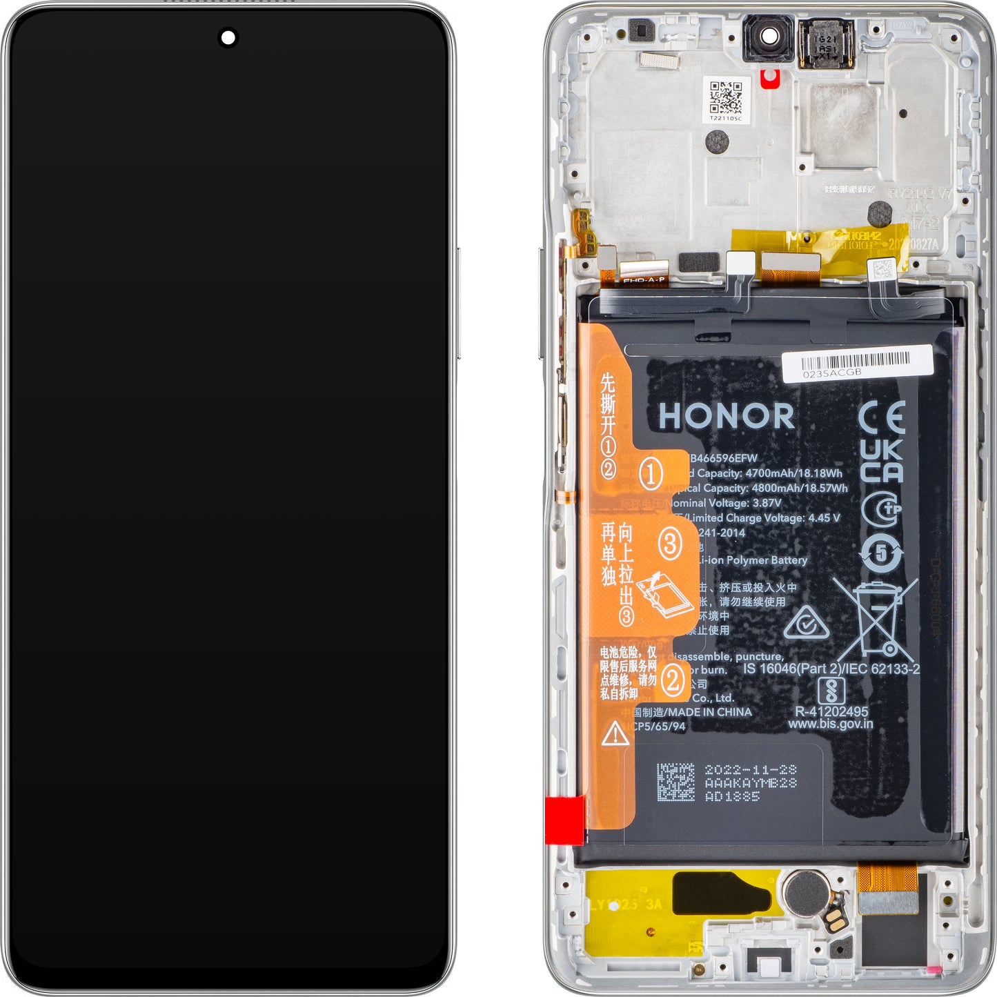 Touchscreen Display Touchscreen Honor Magic4 Lite, med ramme og batteri, Titanium Silver, Service Pack 0235ABSS