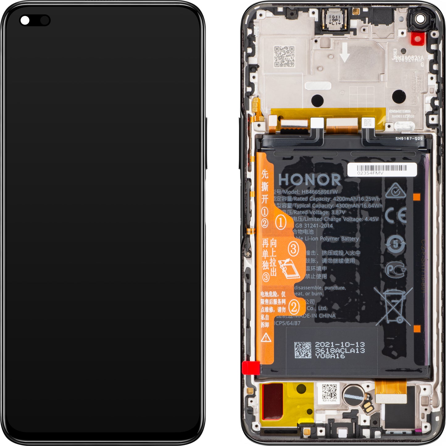 Touchscreen-display Honor 50 Lite, med ramme og batteri, sort (midnatssort), servicepakke 02354FMV