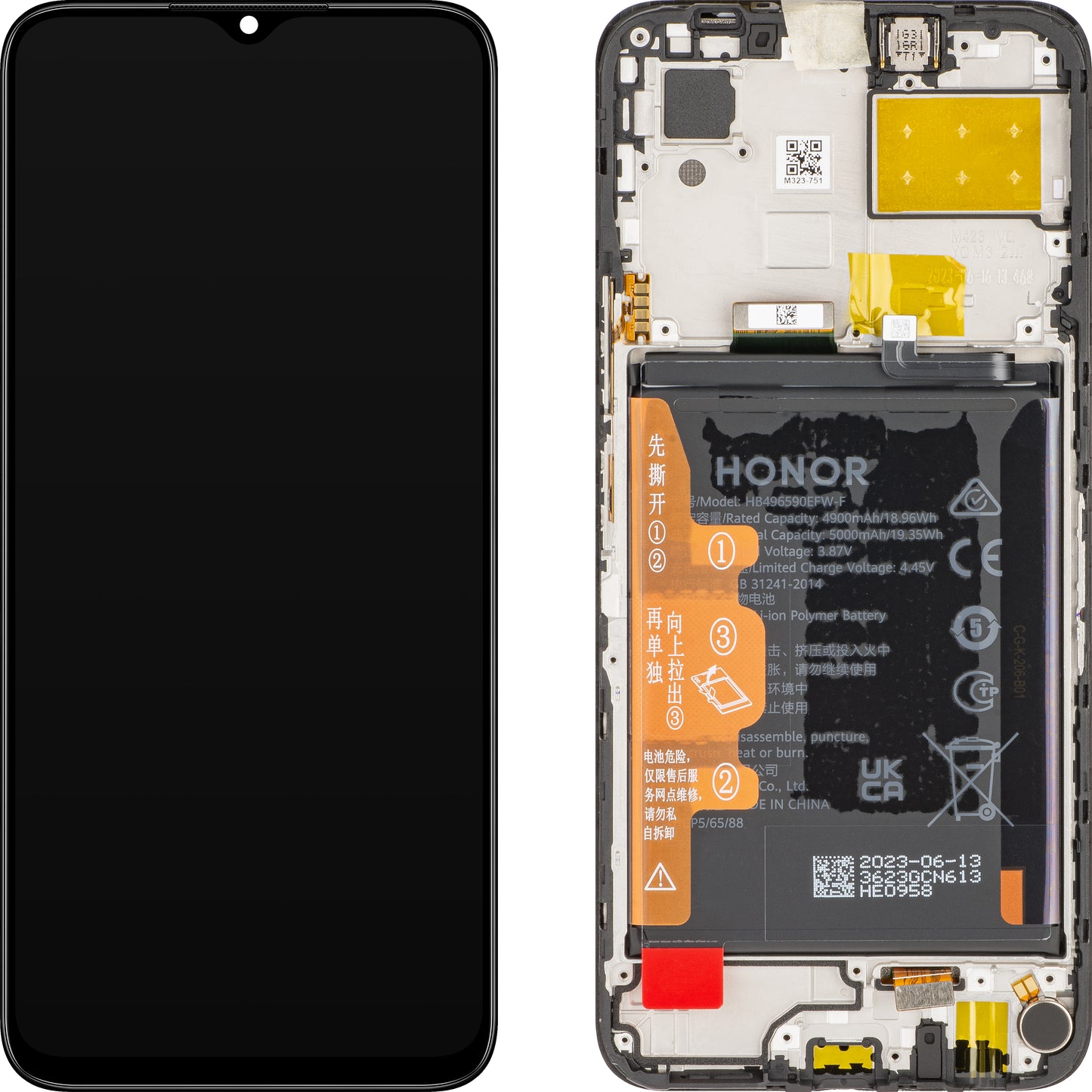 Touchscreen Display Touchscreen Honor X6, med ramme og batteri, sort (midnatssort), Service Pack 0235ADJX Service Pack 0235ADJX