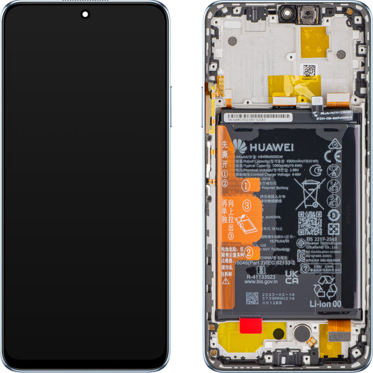 Display med berøringsskærm Huawei nova Y90, med ramme og batteri, Crystal Blue, Service Pack 02355ARH