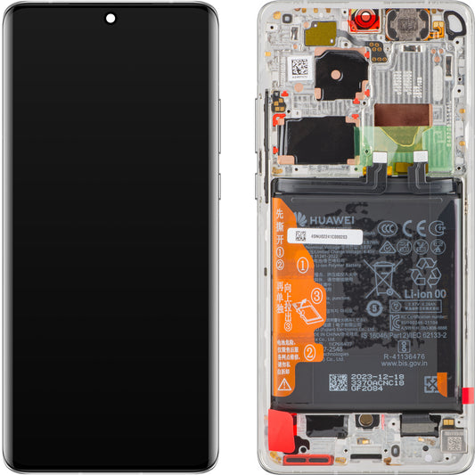 Display med berøringsskærm Huawei P50 Pro, med ramme og batteri, perlehvid, servicepakke 02354SNU