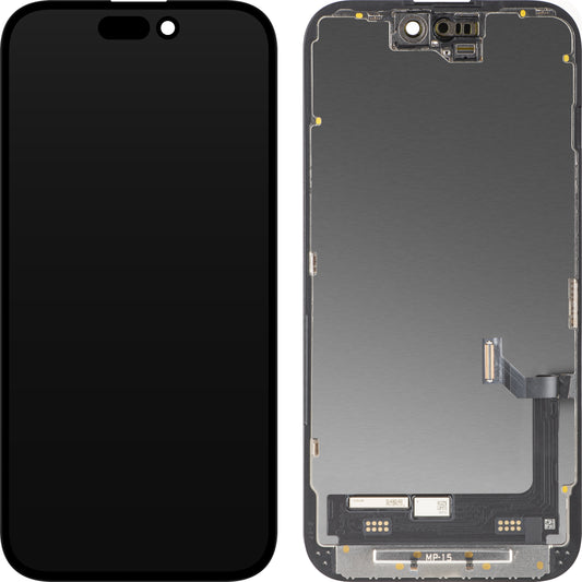 MP Touchscreen-display kompatibelt med Apple iPhone 15, med ramme, Premium Soft OLED FHD 120Hz Diagnostic version, sort