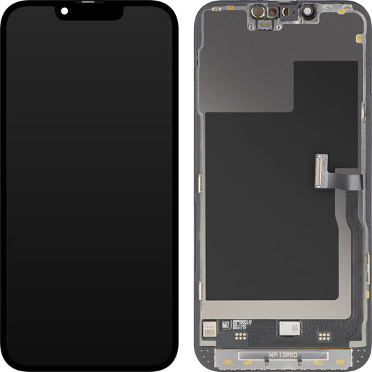MP Touchscreen-display kompatibelt med Apple iPhone 13 Pro, med ramme, Premium Soft OLED FHD 120Hz diagnostisk version, sort