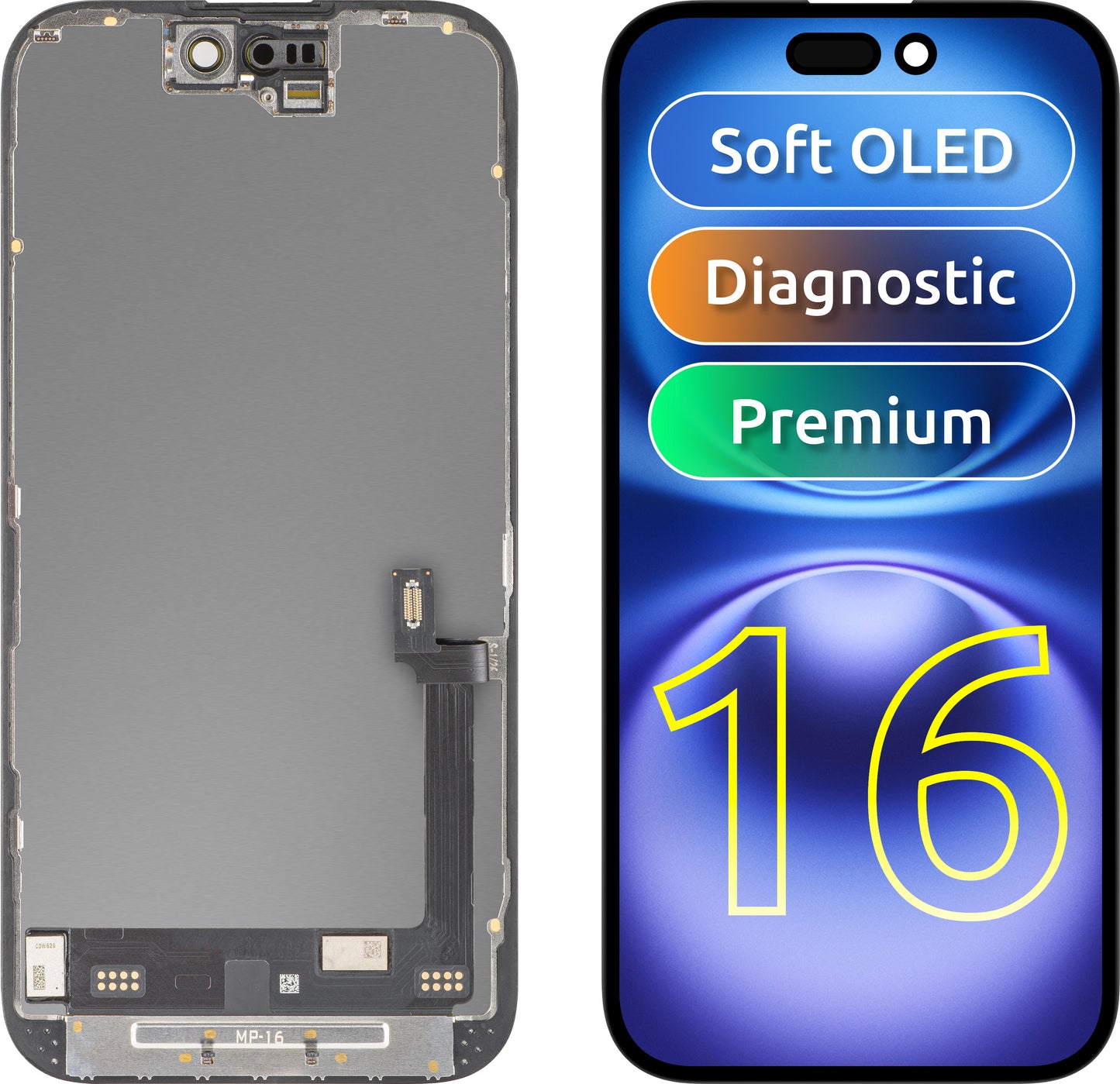 MP Touchscreen-display kompatibelt med Apple iPhone 16, med ramme, Premium Soft OLED FHD Diagnostic version, sort