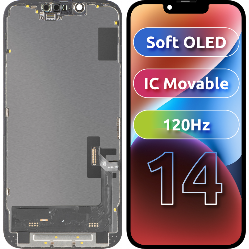 Display med MP touchscreen kompatibel med Apple iPhone 14, med ramme, Soft OLED FHD 120Hz IC Movable version, Sort