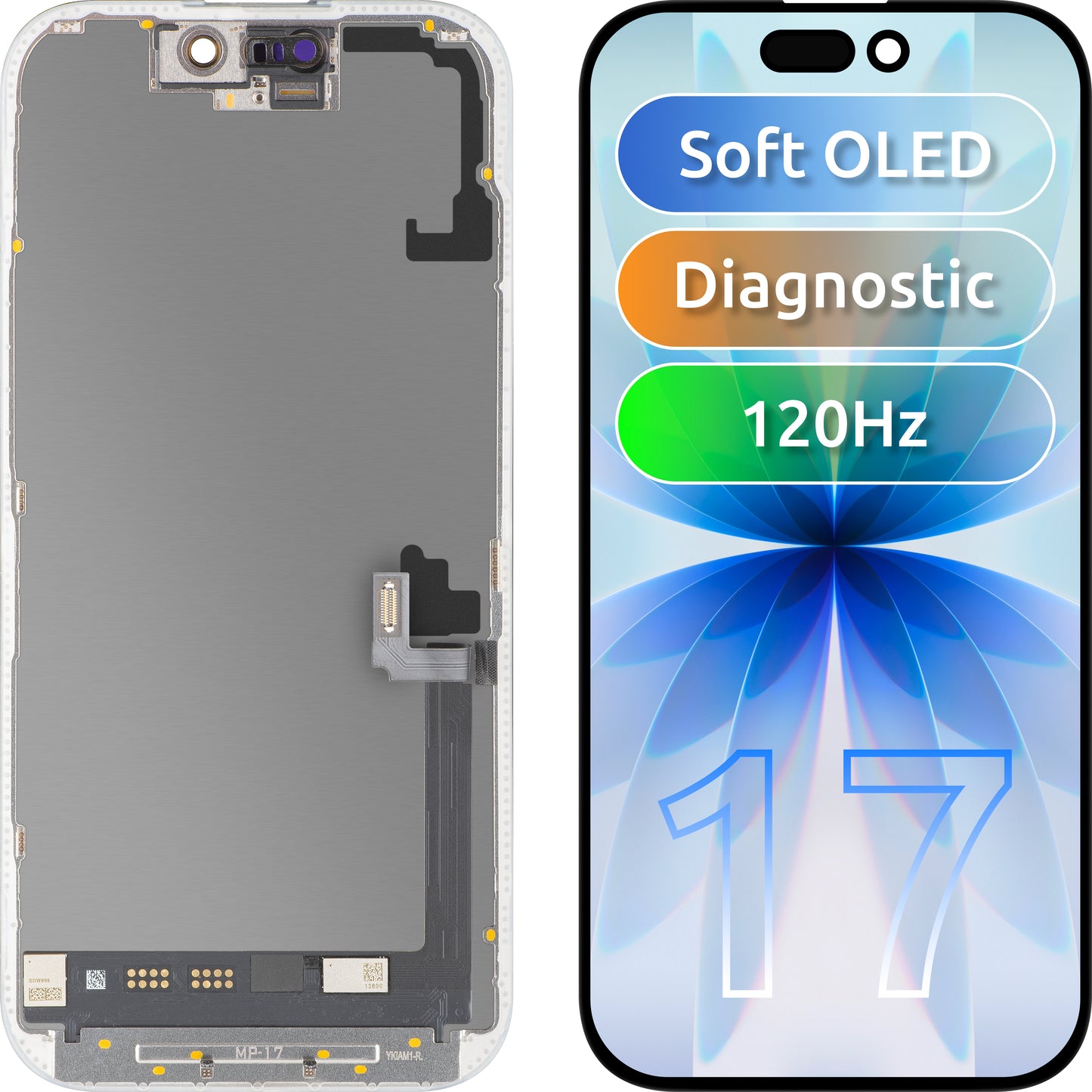 MP Touchscreen-display kompatibelt med Apple iPhone 17, med ramme, OLED FHD 120Hz diagnostisk softversion, sort