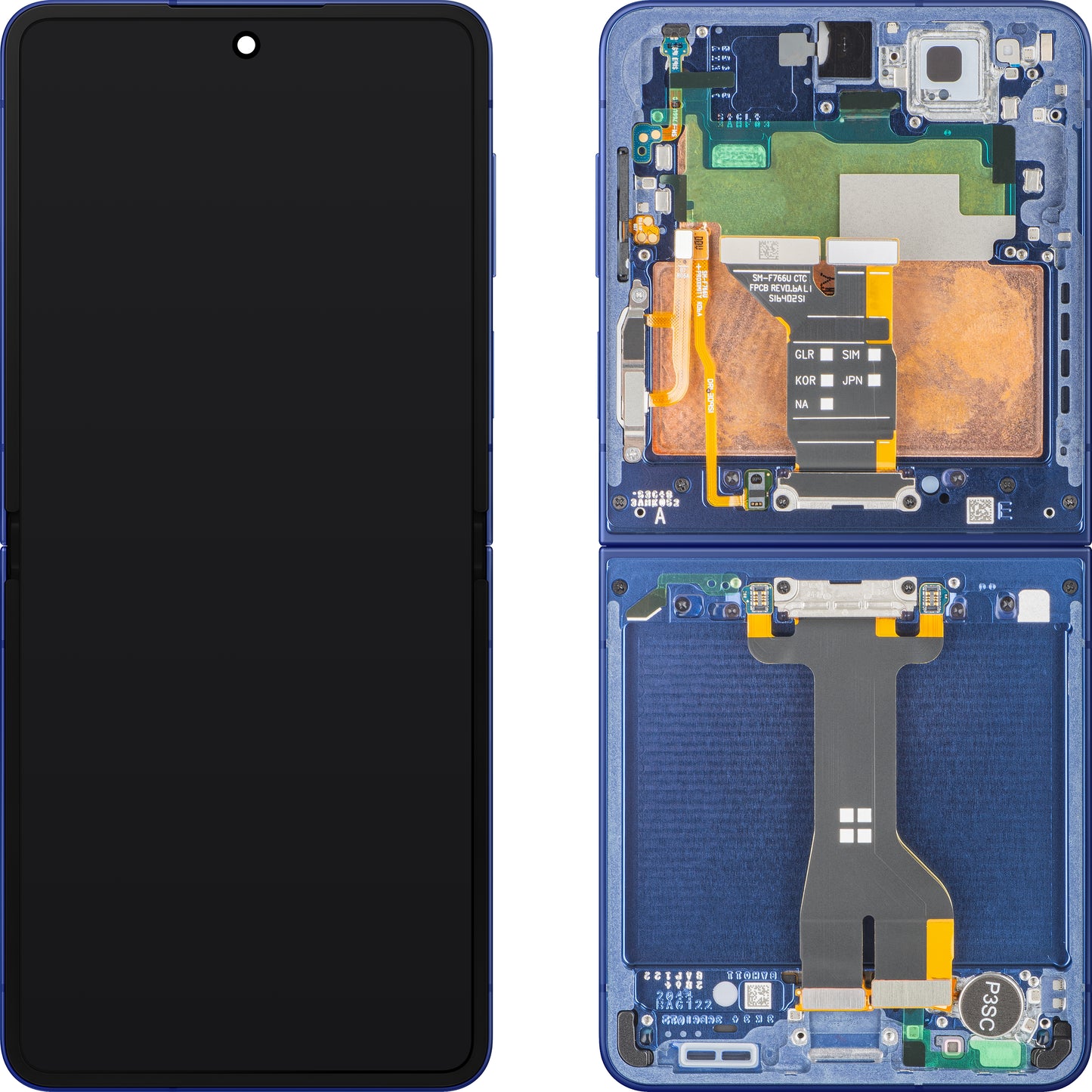 Display med Touchscreen Samsung Galaxy Z Flip7 F766, Med Ramme, Under Indre, Blå (Blue Shadow), Servicepakke GH82-37581A