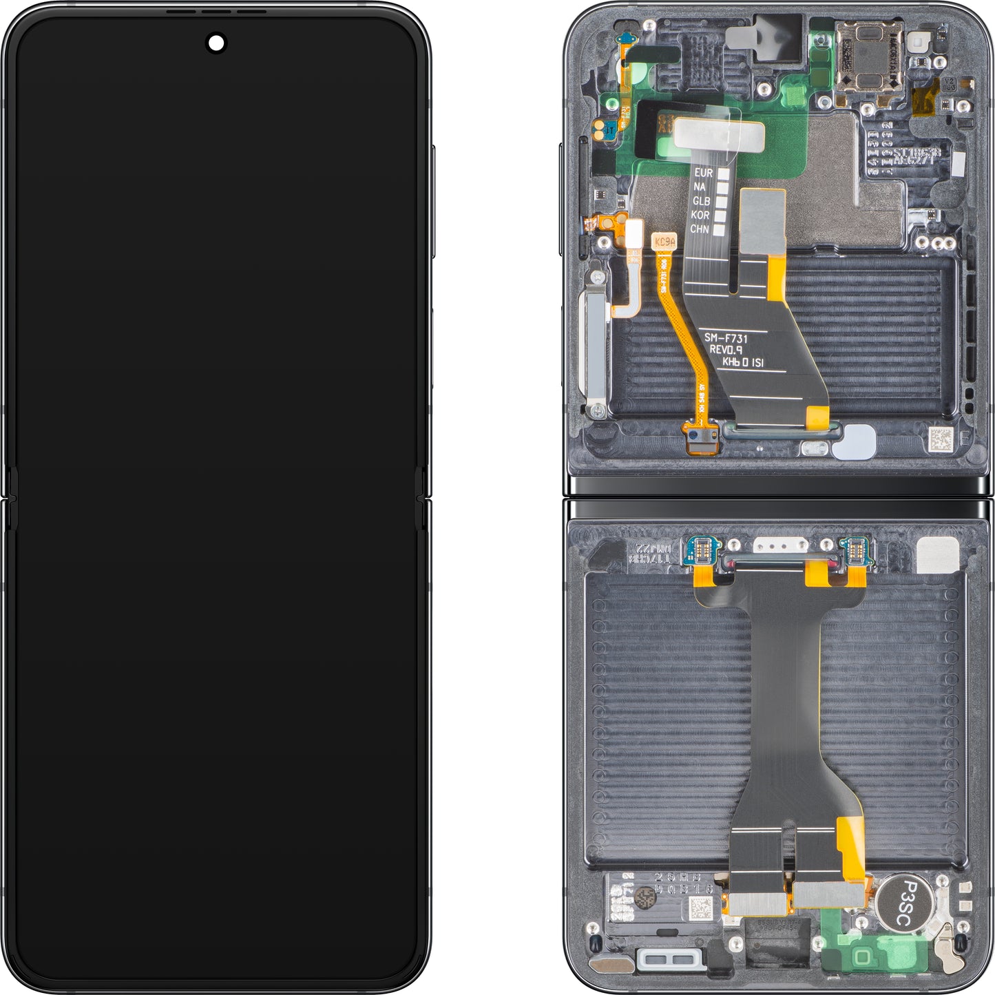 Display med Touchscreen Samsung Galaxy Z Flip5 F731, med Ramme, Under Indre, Grå (Graphite), Servicepakke GH82-31827A