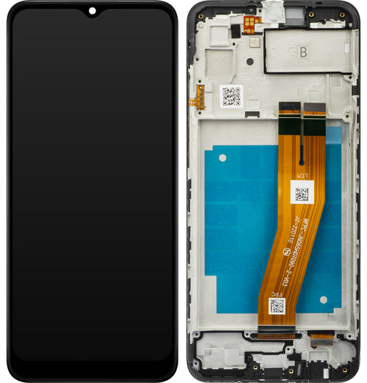 Touchscreen-skærm Samsung Galaxy A03 A035, med ramme, version F, sort, servicepakke GH81-21625A