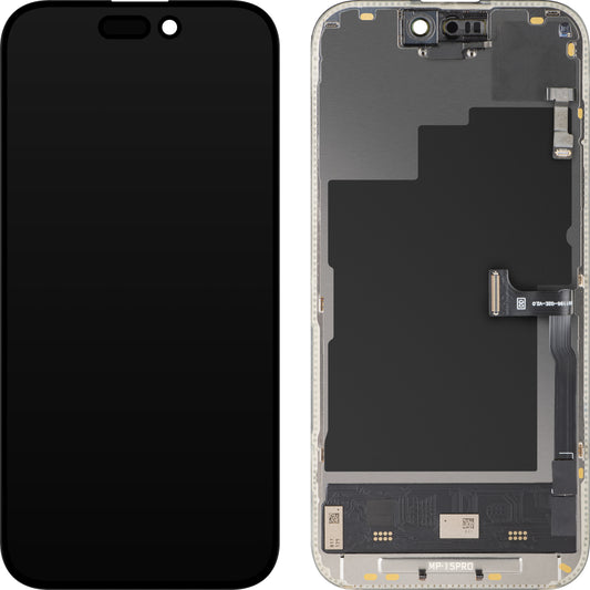 Touchscreen-display med nærhedssensor MP kompatibel med Apple iPhone 15 Pro, med ramme, OLED FHD 120Hz diagnostisk softwareversion, sort