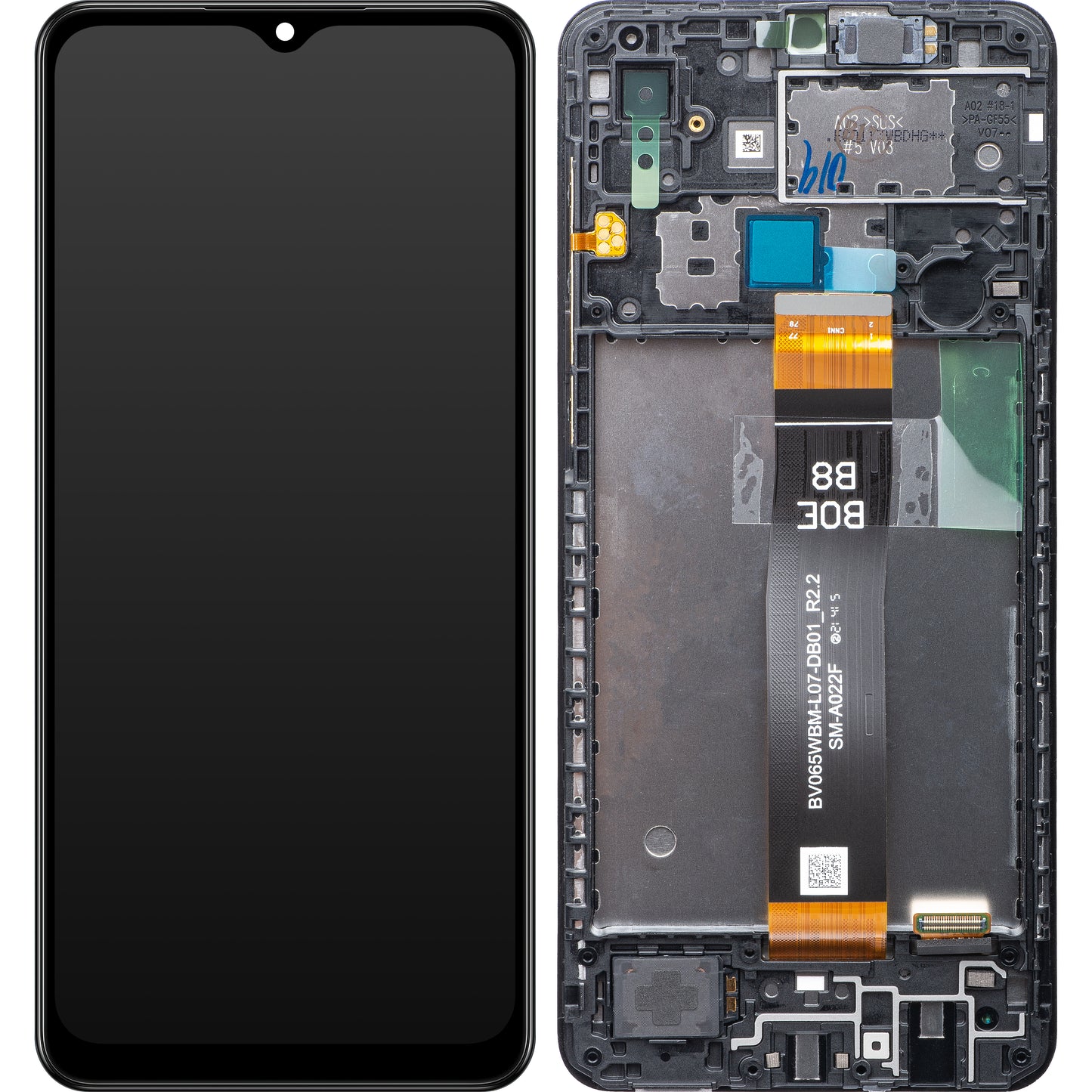 Touchscreen-skærm Samsung Galaxy A02 A022, med ramme, sort, servicepakke GH82-25249A