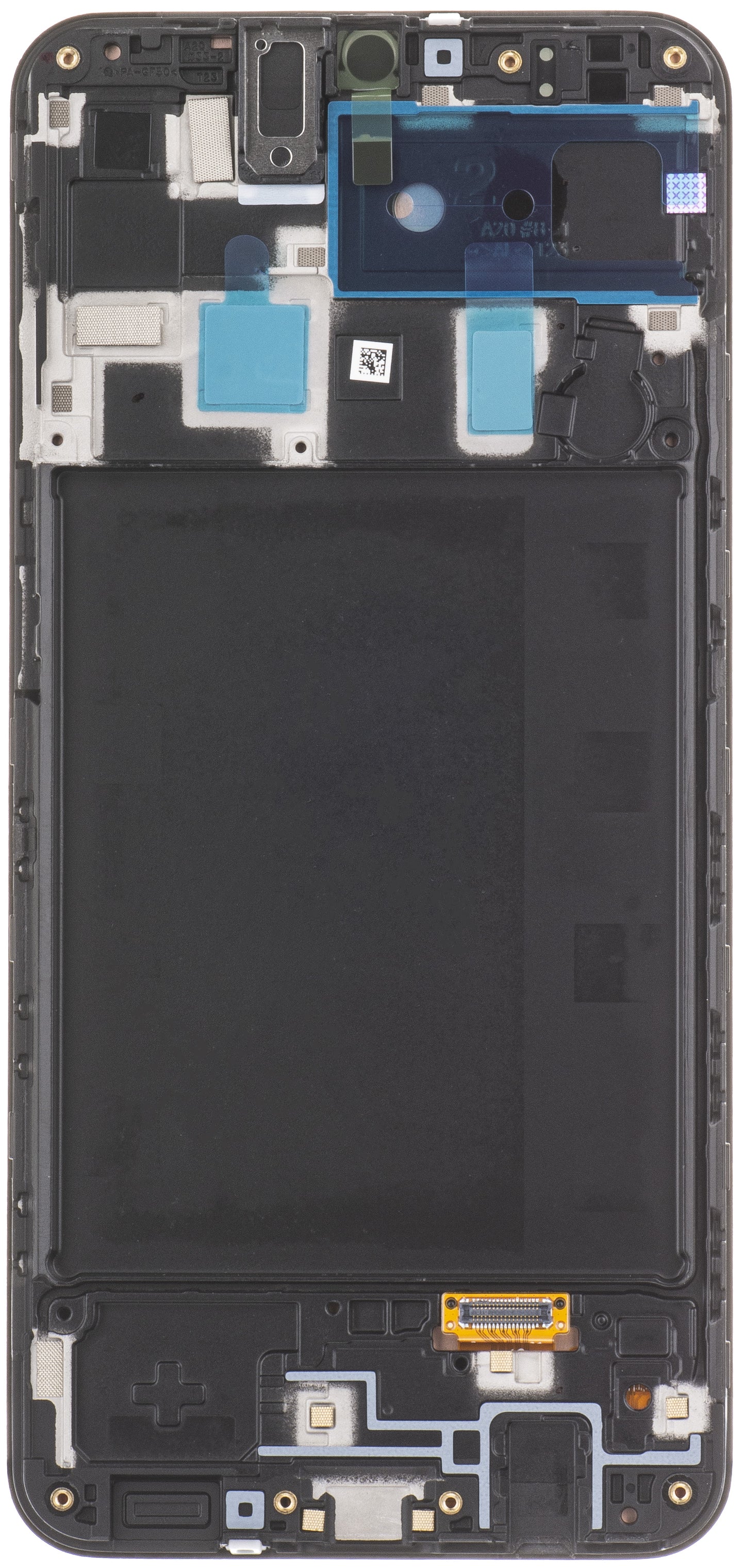 Touchscreen-skærm Samsung Galaxy A20 A205, med ramme, sort, servicepakke GH82-19571A