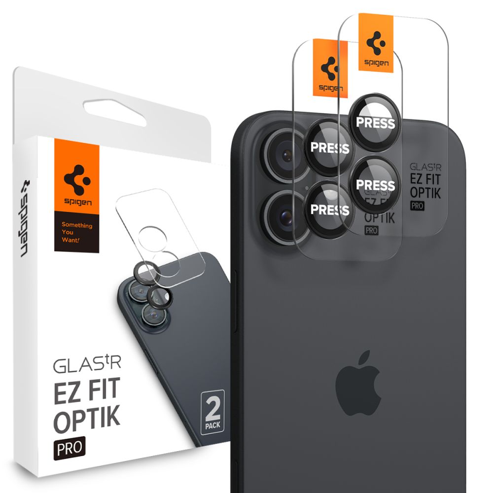 Spigen GlastR EZ FIT Optik Pro Rear Camera Protector for Apple iPhone 17 / 16 Plus / 16, Tempered Glass, Set of 2 pieces, Black AGL07921