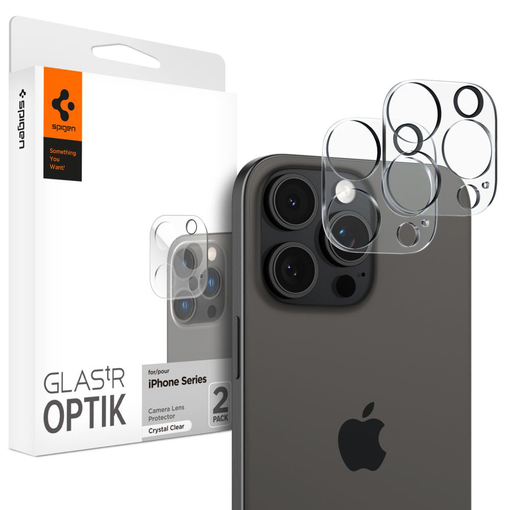 Spigen Optik Beskyttelsesfilm til bagkamera til Apple iPhone 15 Pro Max / 15 Pro, glasbeskyttet, fuld limning, sæt med 2 dele, gennemsigtig