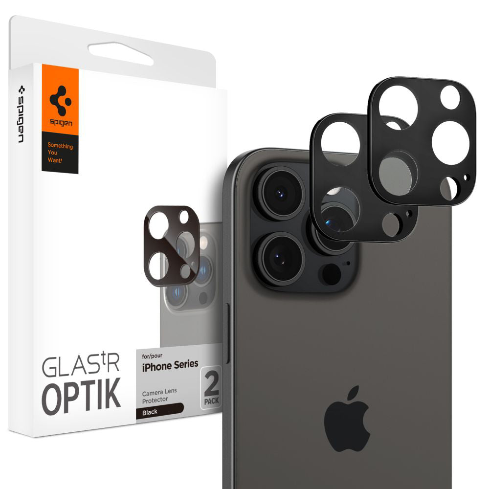 Spigen Optik Beskyttelsesfilm til bagsidekamera til Apple iPhone 15 Pro Max / 15 Pro, glasbeskyttet, fuld limning, sæt med 2 dele, sort AGL05273