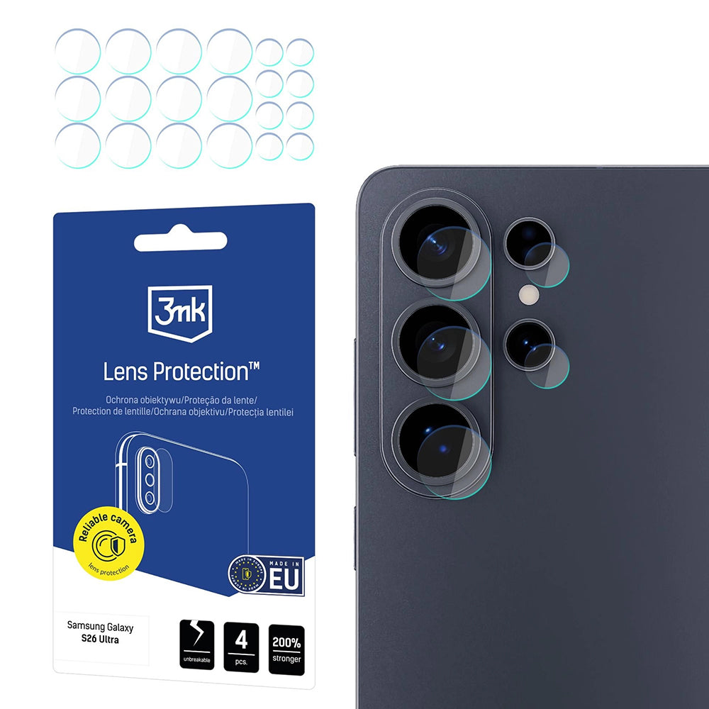 Beskyttelsesfilm til bagkameraet 3MK Protection til Samsung Galaxy S26 Ultra S948, Hærdet glas, Sæt med 4 stykker, Gennemsigtig