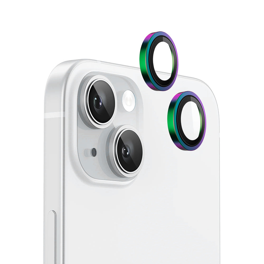 Blueo Metal Frame bagkamera beskyttelsesfilm til Apple iPhone 15 Plus / 15, hærdet glas, multifarvet