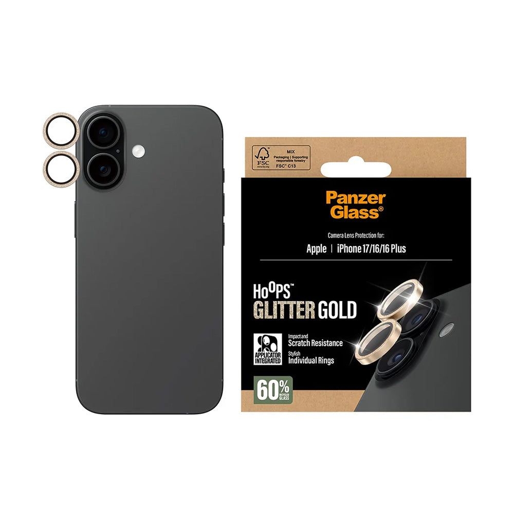 Beskyttelsesfilm til bagkameraet PanzerGlass Hoops Glitter til Apple iPhone 17 / 16 Plus / 16, Hærdet glas, Gylden