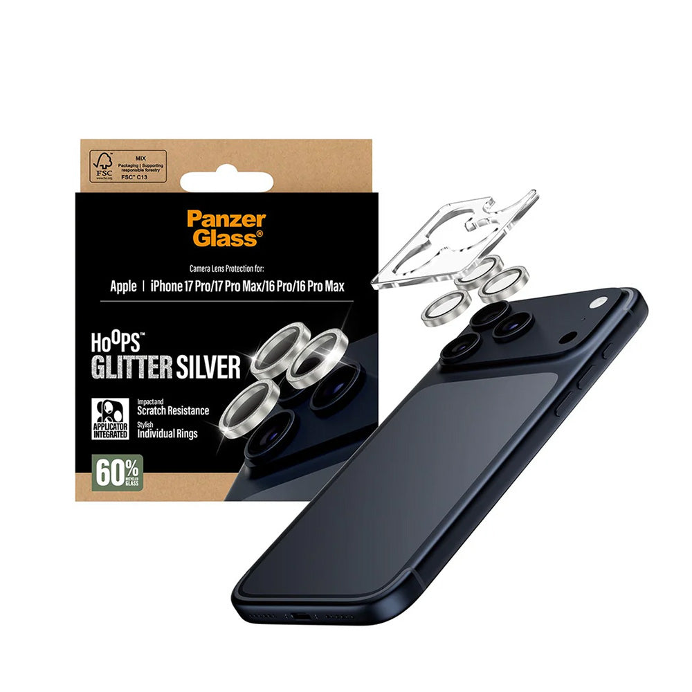 Beskyttelsesfilm til bagkamera PanzerGlass Hoops Glitter til Apple iPhone 17 Pro Max / 17 Pro / 16 Pro Max / 16 Pro, Hærdet glas, Sølvfarvet