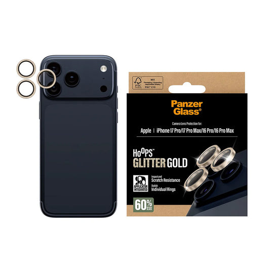 Beskyttelsesfilm til bagkameraet PanzerGlass Hoops Glitter til Apple iPhone 17 Pro Max / 17 Pro / 16 Pro Max / 16 Pro, Hærdet glas, Gylden