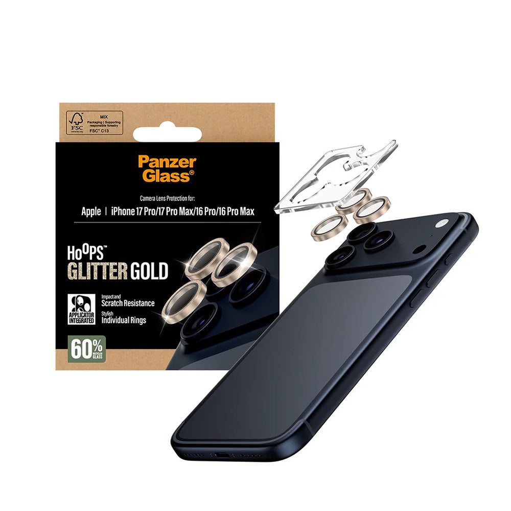 Beskyttelsesfilm til bagkameraet PanzerGlass Hoops Glitter til Apple iPhone 17 Pro Max / 17 Pro / 16 Pro Max / 16 Pro, Hærdet glas, Gylden