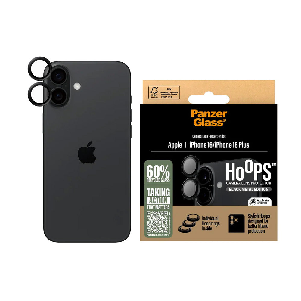 Beskyttelsesfilm til bagkameraet PanzerGlass Hoops til Apple iPhone 16 Plus / 16, Hærdet glas, Sort